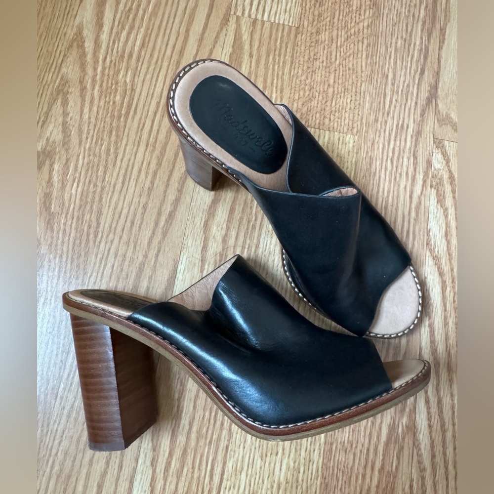Madewell Black Leather Heeled Sandal Slides. Size 7.5